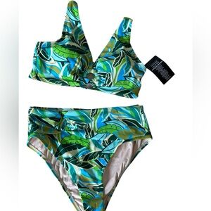 Swimsuits for all ladies Tropical Leaf Print high rise Bikini swimsuit set Sz 14